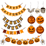 Halloween decorations including banners reading "HAPPY HALLOWEEN", "SPOOKY NIGHT" with jack-o'-lanterns, bats, skulls, spiders, and ornamental star-studded pumpkin garlands in orange, black, and gray tones.
