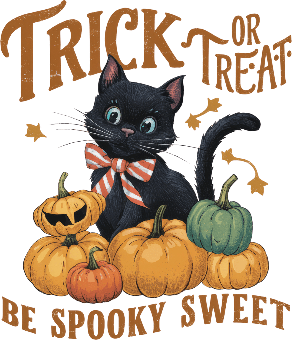 A black cat with a red-and-white striped bow sits among various orange and green pumpkins. The text reads "TRICK OR TREAT" at the top and "BE SPOOKY SWEET" at the bottom, in a vintage-style orange font.