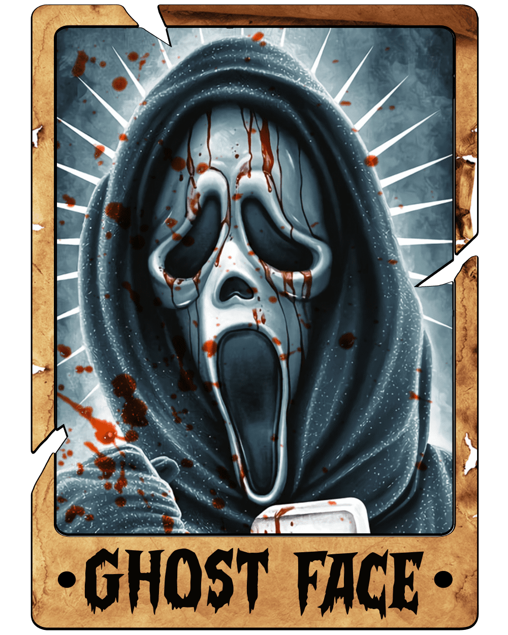 A distorted, ghostly face with an elongated scream, covered in blood splatters, wearing a dark hood. Radial white lines emanate from behind, creating a stark, horror-themed illustration. Text reads: "GHOST FACE" in a jagged, gothic font.