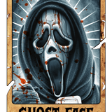 A distorted, ghostly face with an elongated scream, covered in blood splatters, wearing a dark hood. Radial white lines emanate from behind, creating a stark, horror-themed illustration. Text reads: "GHOST FACE" in a jagged, gothic font.