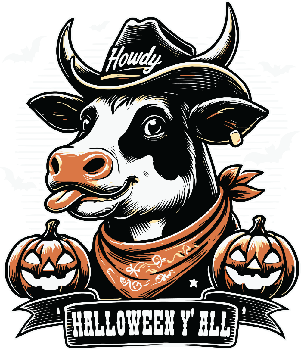 A black and white cow wearing a cowboy hat and bandana, surrounded by two jack-o'-lanterns, with a banner reading "HALLOWEEN Y'ALL" beneath the illustration.