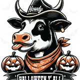 A black and white cow wearing a cowboy hat and bandana, surrounded by two jack-o'-lanterns, with a banner reading "HALLOWEEN Y'ALL" beneath the illustration.