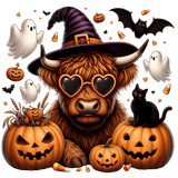 A fluffy Highland cow wears heart-shaped sunglasses and a witch's hat, surrounded by jack-o'-lanterns, ghosts, bats, black cats, and candy corn in a festive Halloween scene.