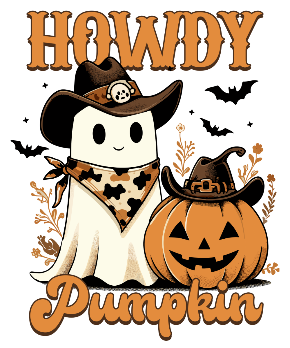 A cute cartoon ghost wearing a cowboy hat and bandana sits next to a Jack-o'-lantern, surrounded by bats and autumn leaves. The text reads "HOWDY Pumpkin" in stylized orange lettering.