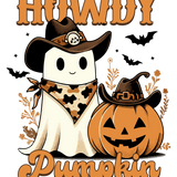 A cute cartoon ghost wearing a cowboy hat and bandana sits next to a Jack-o'-lantern, surrounded by bats and autumn leaves. The text reads "HOWDY Pumpkin" in stylized orange lettering.