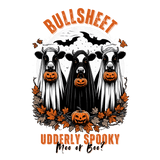 Three cows dressed as ghosts, holding carved pumpkins, surrounded by autumn leaves, with bats flying above. Text reads: "BULLSHEET - UDDERLY SPOOKY - Moo of Boo?"