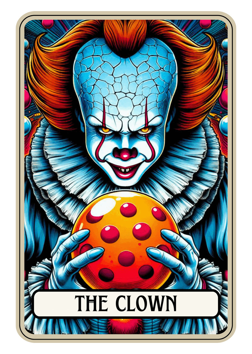A creepy blue-skinned clown with cracked skin and orange hair holds a yellow-red polka-dotted ball. The clown wears a ruffled white collar and has a menacing grin. Text reads: "THE CLOWN"