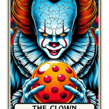 A creepy blue-skinned clown with cracked skin and orange hair holds a yellow-red polka-dotted ball. The clown wears a ruffled white collar and has a menacing grin. Text reads: "THE CLOWN"