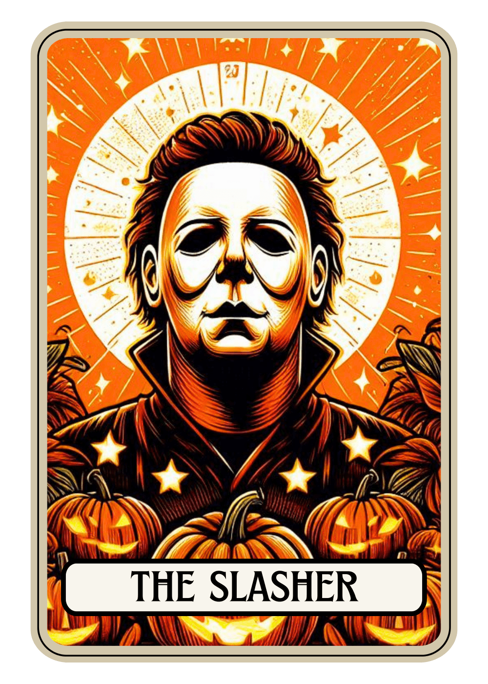 A masked figure with an emotionless face stands amid glowing jack-o'-lanterns against a radiant orange background with stars. Text reads: "THE SLASHER" in a white banner at the bottom.