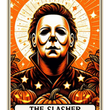 A masked figure with an emotionless face stands amid glowing jack-o'-lanterns against a radiant orange background with stars. Text reads: "THE SLASHER" in a white banner at the bottom.