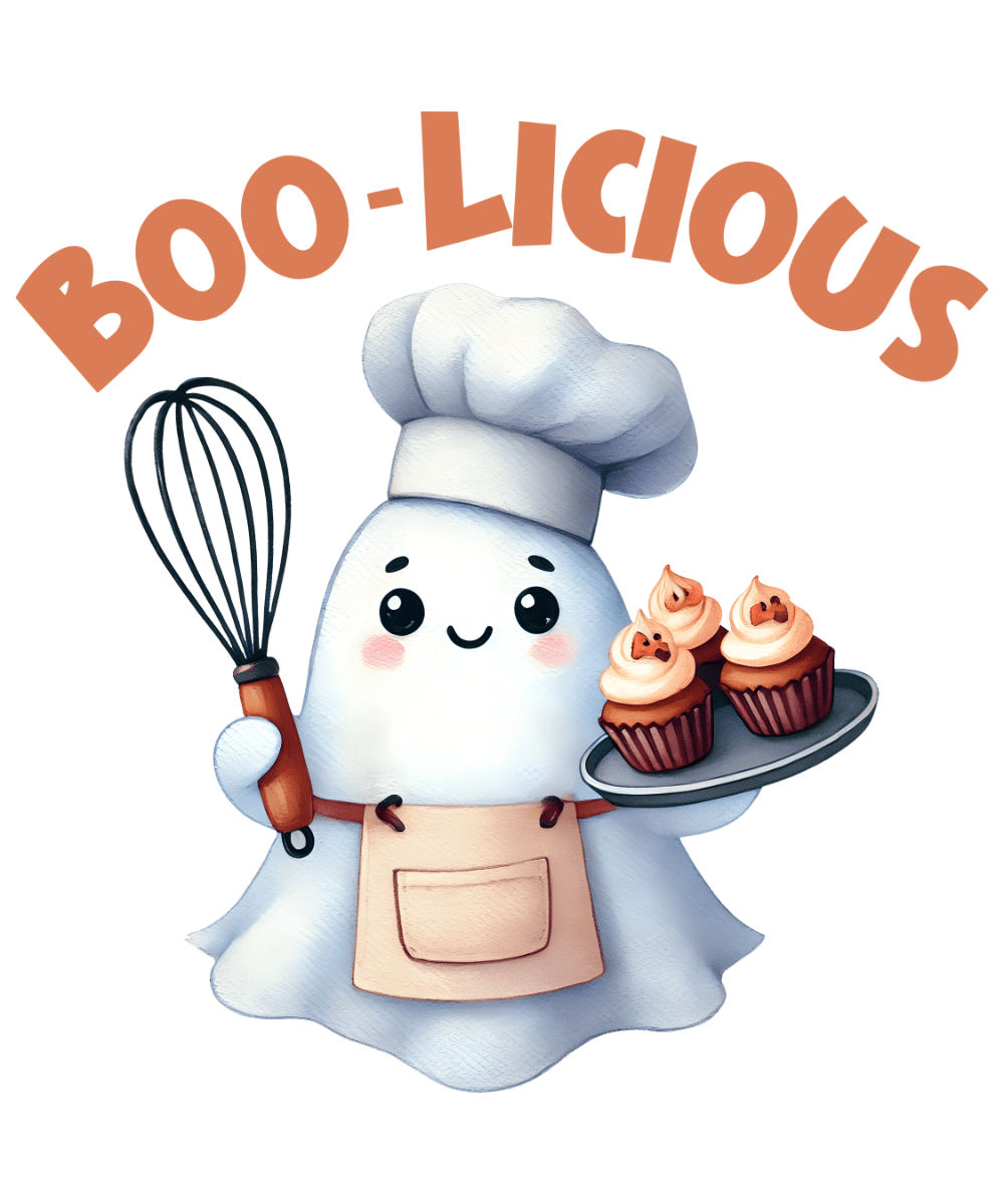 A cute ghost-like chef character wearing a white chef's hat and apron, holding a whisk and carrying a tray of Halloween-themed cupcakes. The text "BOO-LICIOUS" is written in orange above the character.