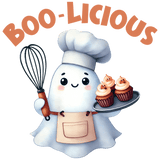 A cute ghost-like chef character wearing a white chef's hat and apron, holding a whisk and carrying a tray of Halloween-themed cupcakes. The text "BOO-LICIOUS" is written in orange above the character.