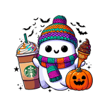 A cute cartoon ghost in a colorful knitted hat and scarf, holding a Starbucks drink and ice cream, sitting next to a jack-o'-lantern, with bats flying in the background.