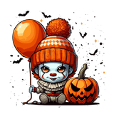 A cartoon clown with blue skin wears an orange knit hat, sitting beside a jack-o'-lantern and holding an orange balloon. Bats fly in the background, creating a Halloween-themed scene.