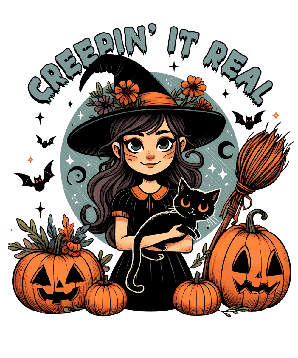 A witch with a floral hat holds a black cat, surrounded by jack-o'-lanterns, bats, and a broomstick. The text reads "CREEPIN' IT REAL" in spooky, stylized letters.