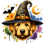 A golden-furred dog wearing a black, decorative witch's hat sits surrounded by colorful splashes, stars, a crescent moon, and a flying bat in a whimsical Halloween-themed illustration.