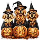 Three golden retrievers wearing black witch hats and sunglasses sit behind three carved jack-o'-lanterns. The dogs are dressed festively for Halloween, with orange bow ties against their black outfits.