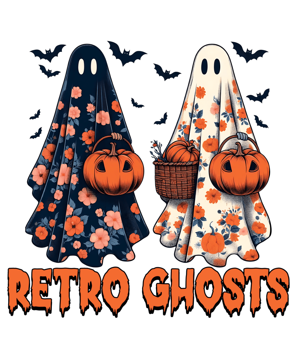 Two floral-patterned ghost figures, one dark and one light, hold pumpkins and are surrounded by bats. The text "RETRO GHOSTS" appears below in orange, dripping letters.