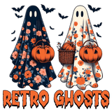 Two floral-patterned ghost figures, one dark and one light, hold pumpkins and are surrounded by bats. The text "RETRO GHOSTS" appears below in orange, dripping letters.
