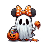 A cartoon ghost with Mickey Mouse ears and an orange polka-dot bow holds a dripping lollipop and a jack-o'-lantern bucket filled with colorful candies, capturing a Halloween-themed character.