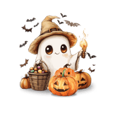 A cute cartoon ghost wearing a witch's hat, holding a candle, standing near jack-o'-lanterns and a basket of colorful candies, surrounded by flying bats.