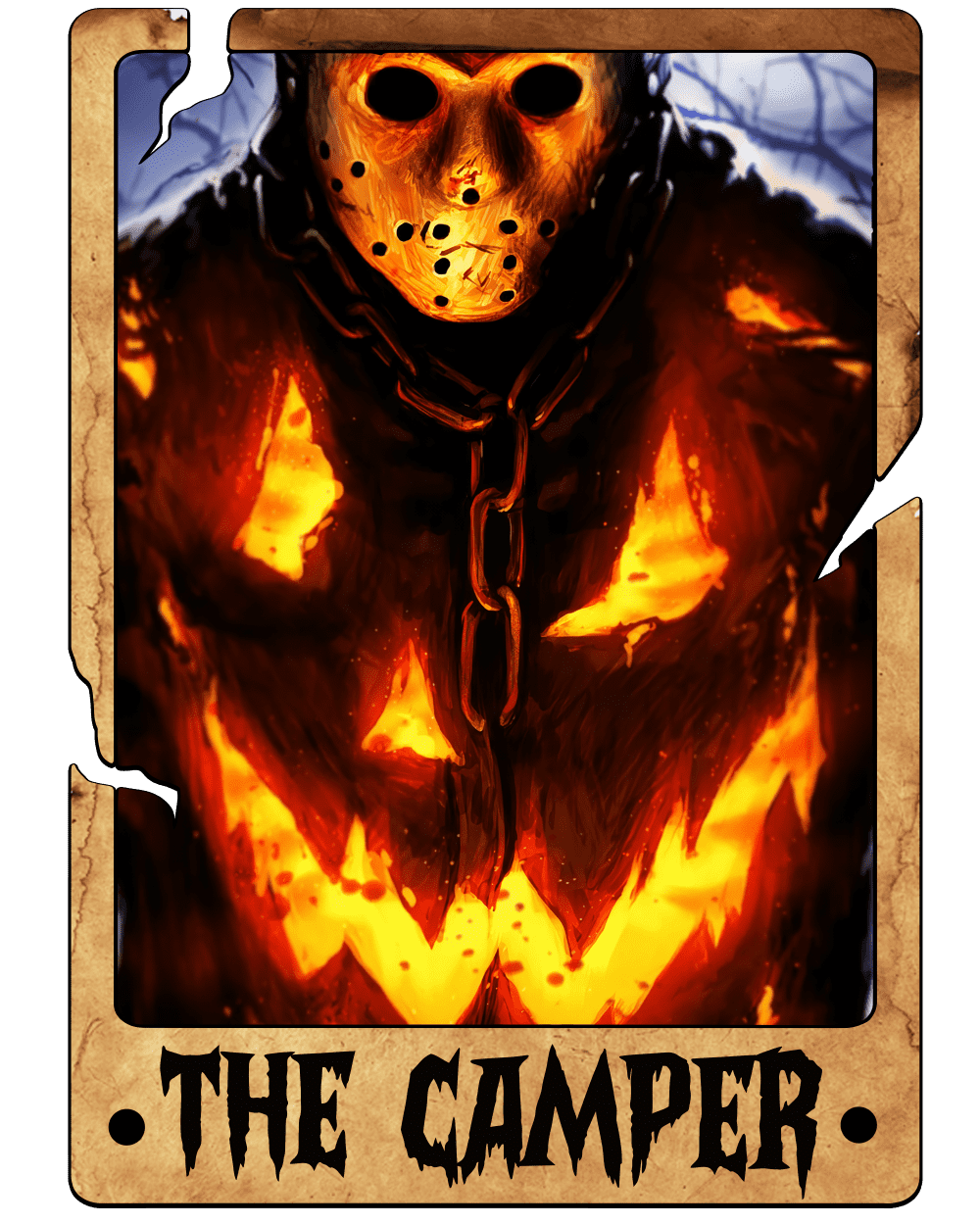 A masked figure with a hockey-style mask stands amid intense orange and yellow flames, wearing a chain. The image is styled like a vintage card with a torn, aged border. Text at the bottom reads: "THE CAMPER"