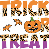 "Trick or Treat" text in leopard print orange and purple lettering, with orange bats and a jack-o'-lantern with a menacing grin, surrounded by sparkle stars, creating a Halloween-themed graphic design.
