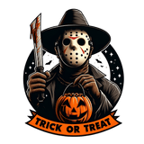 A masked figure in a black hat holds a bloody knife and a jack-o'-lantern bucket, with bats flying in a starry background. The text "TRICK OR TREAT" appears on an orange banner.