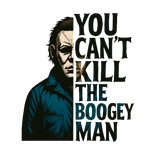 A stylized graphic of a figure in a blue jacket, half-shadowed, with text reading "YOU CAN'T KILL THE BOOGEY MAN" next to the character's profile.