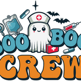 A cute ghost nurse surrounded by medical equipment like IV bags and syringes, with two bats and sparkle stars. The text reads "BOO BOO CREW" in blue and orange bubble letters.