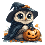 A cute, wide-eyed owl wearing a witch's hat and dark cloak sits next to a carved Halloween pumpkin, surrounded by autumn leaves in a whimsical, cartoon-style illustration.