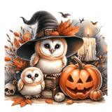 Two adorable barn owls, one wearing a witch's hat, sit beside a carved jack-o'-lantern, burning candle, and autumn leaves, creating a whimsical Halloween-themed scene with bats and a skull in the background.