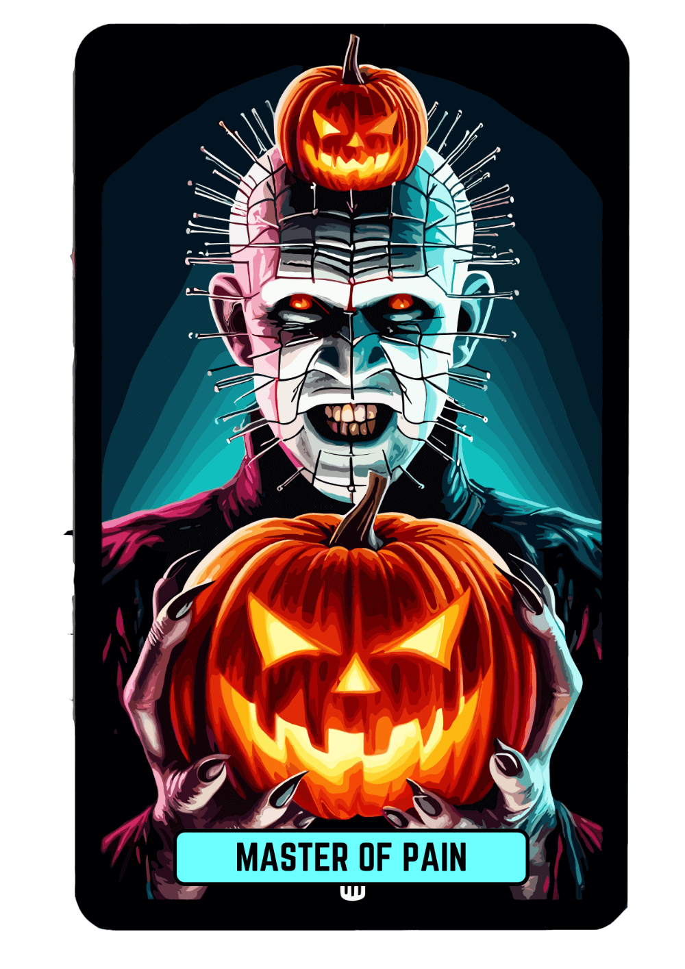 A menacing figure with a head pierced by nails, featuring glowing orange eyes, holding two carved jack-o'-lanterns with glowing faces. Text at the bottom reads "MASTER OF PAIN" against a teal background.