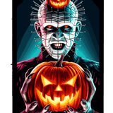 A menacing figure with a head pierced by nails, featuring glowing orange eyes, holding two carved jack-o'-lanterns with glowing faces. Text at the bottom reads "MASTER OF PAIN" against a teal background.