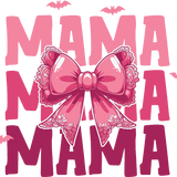 A pink and magenta graphic featuring the repeated text "MAMA MAMA" with a large decorative bow in the center, surrounded by small bat silhouettes in the background.