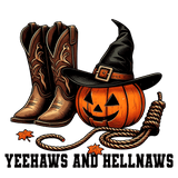 A jack-o'-lantern wears a witch's hat, positioned next to cowboy boots and a coiled rope. Autumn leaves scatter nearby. The text reads: "YEEHAWS AND HELLNAWS" in bold black letters.