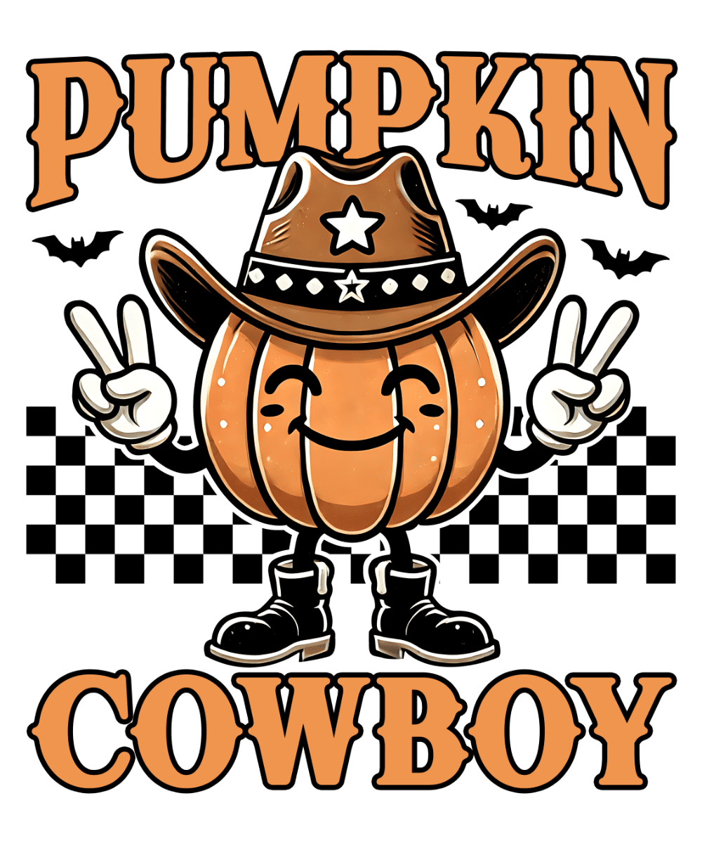 A smiling orange pumpkin wearing a cowboy hat and boots, making peace signs, with bats and a checkered background. Text reads "PUMPKIN COWBOY" in large orange letters.