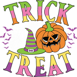 A Halloween-themed graphic with colorful, striped "TRICK TREAT" lettering, featuring a green-and-purple striped witch hat, an orange jack-o'-lantern, and purple flying bats.