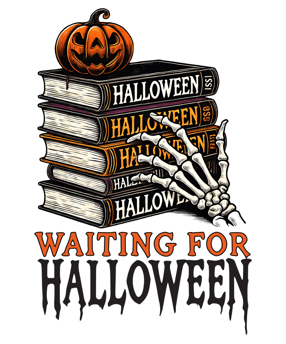 A stack of Halloween-themed books with a jack-o'-lantern on top and a skeletal hand emerging from the side. Text reads: "WAITING FOR HALLOWEEN" in orange and black lettering.