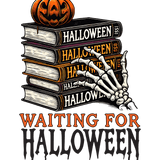 A stack of Halloween-themed books with a jack-o'-lantern on top and a skeletal hand emerging from the side. Text reads: "WAITING FOR HALLOWEEN" in orange and black lettering.