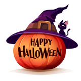 A smiling black cat sits atop a jack-o'-lantern wearing a purple witch's hat. The pumpkin reads "HAPPY HALLOWEEN" in bold letters against an orange and yellow gradient background.