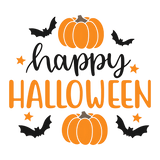 A Halloween-themed graphic with two orange pumpkins, three black bats, and orange stars. The text reads "happy HALLOWEEN" in a mix of cursive and capital letters.