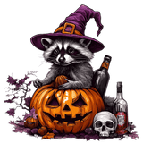 A raccoon wearing a witch's hat sits on a carved jack-o'-lantern, surrounded by autumn leaves, a skull, and alcohol bottles, creating a whimsical Halloween-themed scene.