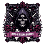A hooded skull surrounded by roses, bones, and additional skulls within an ornate gothic frame. A purple banner reads "BONE-CHILLING HORROR" across the bottom of the composition.