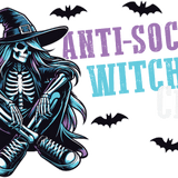 A skeletal witch in a wide-brimmed hat and sneakers sits cross-legged, surrounded by bats. The text reads "ANTI-SOCIAL WITCHES" in purple and teal distressed lettering.