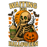 A skeleton holding a coffee cup and pumpkin, surrounded by bats and autumn leaves, under a large moon. Text reads: "WAITING FOR HALLOWEEN" in yellow bold letters.