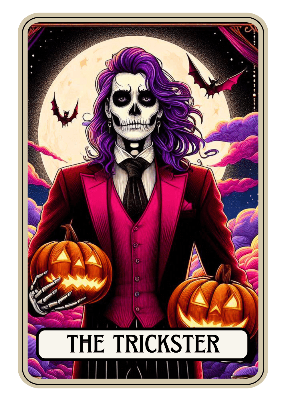 A skeleton-faced figure with purple hair wearing a red suit, holding two glowing jack-o'-lanterns, against a night sky with bats and colorful clouds. Text reads: "THE TRICKSTER"