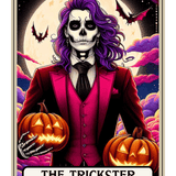 A skeleton-faced figure with purple hair wearing a red suit, holding two glowing jack-o'-lanterns, against a night sky with bats and colorful clouds. Text reads: "THE TRICKSTER"