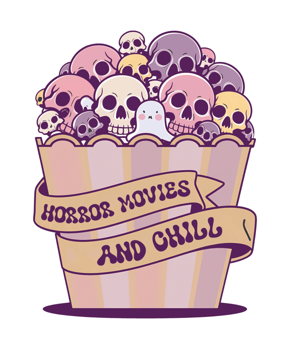 A popcorn container filled with colorful skulls in various shades of pink, purple, and yellow, with a cute white ghost peeking out. Ribbons read "HORROR MOVIES AND CHILL" in a playful, cartoon style.