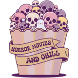 A popcorn container filled with colorful skulls in various shades of pink, purple, and yellow, with a cute white ghost peeking out. Ribbons read "HORROR MOVIES AND CHILL" in a playful, cartoon style.